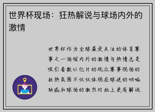 世界杯现场：狂热解说与球场内外的激情